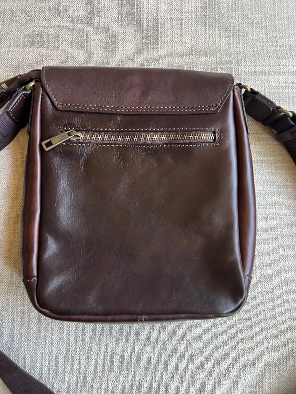 Men's Brown Leather Messenger Bag with Embossed Logo